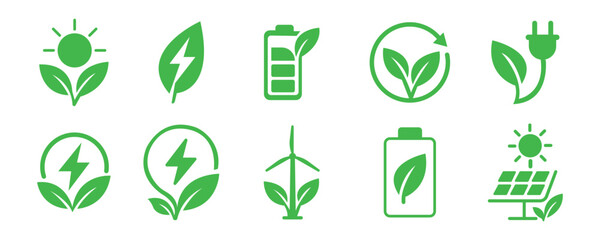 Green energy iconset vector isolated on white background. energy, green, power, solar, wind, battery, leaf, sustainability, renewable, ecology symbol 
