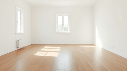 Minimalist living space with wooden floors and white walls, bathed in soft natural light for a tranquil ambiance.