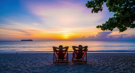 Couple Relaxing in Beach Chairs Enjoying a Beautiful Sunset Vacation Together by the Sea