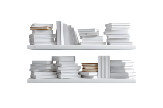 Elegant white bookshelves filled with books, creating a modern minimalist aesthetic for interior design projects, ideal for retail displays and digital marketing.