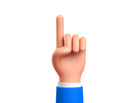 Simple 3D rendered cartoon hand pointing a single index finger directly upwards, emphasizing direction or selection