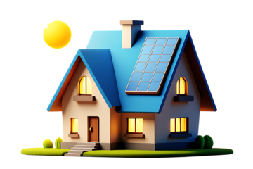 Charming 3D House with Blue Roof, Solar Panels, and Glowing Windows on Green Grass Under a Yellow Sun
