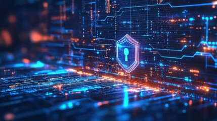 A digital shield with a keyhole over a network of blue and orange glowing digital connections
