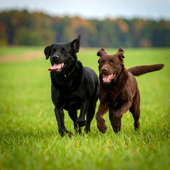 Two happy dogs running in a field