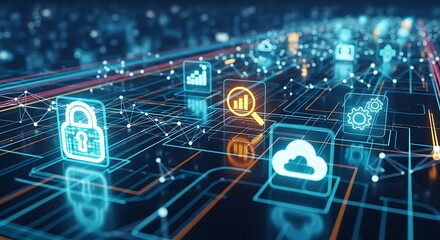Abstract digital network with glowing icons representing security and cloud computing features