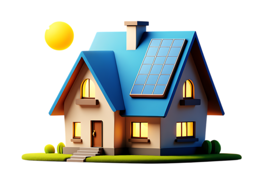 Charming 3D House with Blue Roof, Solar Panels, and Glowing Windows on Green Grass Under a Yellow Sun