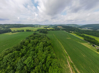 Aerial landscape of farmland in the Appalachian mountains in rural Herndon Central Pennsylvania