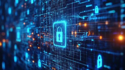 Digital security concept showing a padlock on a circuit board with glowing blue and orange lights