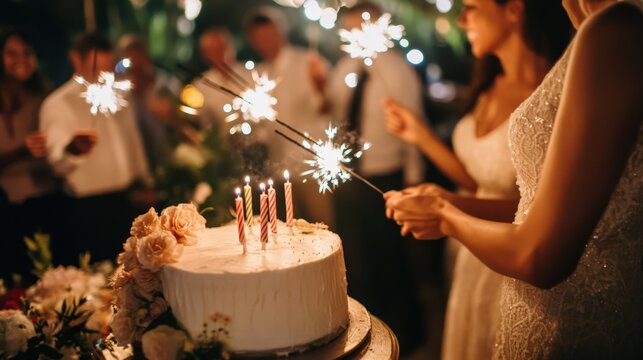Wedding cake being celebrated with sparklers.