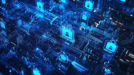Obraz premium A digital landscape with glowing blue padlocks on a network of interconnected circuits and pathways