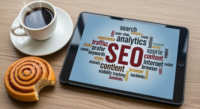 Digital Marketing Concept: SEO Strategy Displayed on Tablet with Coffee and Pastry, Office Workspace