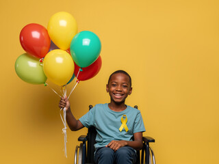 Smiling Black boy with yellow ribbon in wheelchair holding balloons. Childhood cancer awareness month concept. Happy child survivor on yellow background.