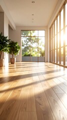 Fototapeta premium Modern bright spacious interior with hardwood floors and large windows