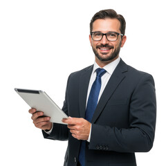Professional businessman wearing a dark suit and tie holding a clipboard and smiling confidently isolated on transparent background
