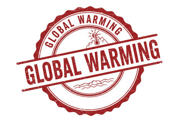A global warming stamp with thermometer and mountain range in red ink on a white background image
