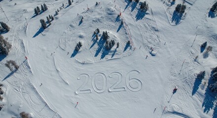 Aerial View of Snowy Ski Slope with "2026" Inscribed, Winter Landscape.