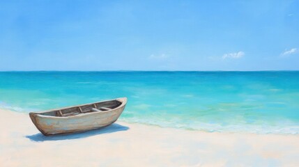 Fototapeta premium Tranquil beach scene weathered boat on sand, turquoise ocean, clear sky; ideal for travel brochures