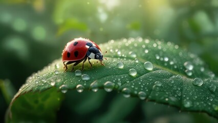 Ladybug on dewy leaf (2)
