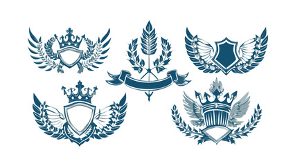 Collection of heraldic emblems featuring crowns shields wings and laurel wreaths in blue and gray colors