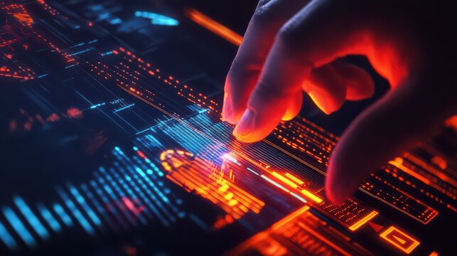A hand touches a complex digital interface with glowing lines and geometric shapes in blue and orange hues