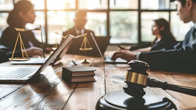 A legal team works at a wooden table with laptops, scales of justice, and a gavel. The scene suggests legal proceedings, justice, and fairness, with a blurred background focusing on the core elements.