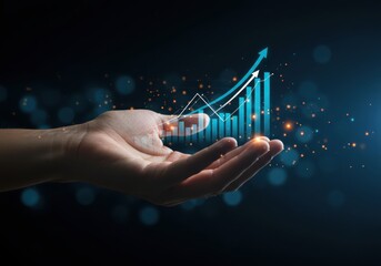 Hand holding a glowing upward trending financial graph representing business growth and success in the digital economy