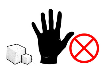 Illustration of sugar cubes a black hand and a red prohibition sign on a white background