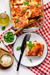Traditional lasagna with minced meat and cheese.top veiw