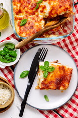 Traditional lasagna with minced meat and cheese.top veiw