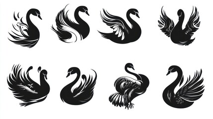 Obraz premium Elegant black swan silhouettes; design elements; white background; graphic art; website design