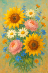 Bright yellow sunflowers bloom in a vibrant summer field against a clear blue sky, their blossoms a pattern of natural beauty
