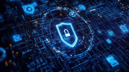 Glowing blue shield with padlock on a dark circuit board representing cyber security concept art