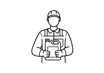 Fototapeta premium Line drawing of a worker holding a container of liquid or chemical in front of their chest area