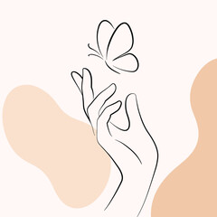 Minimal line art hand releasing butterfly with soft beige abstract shapes


