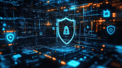 Digital cybersecurity shield with padlock icon on a complex network background with glowing elements