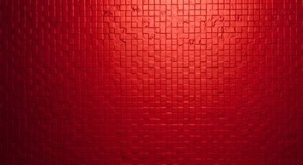 A textured red background with a grid pattern creates a striking visual effect
