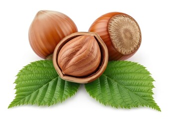 Three whole and cracked hazelnuts with green leaves on white food ingredient