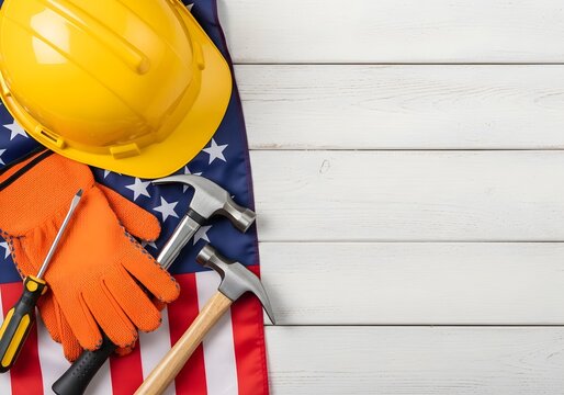 American labor day celebration with tools and flag on white wood background