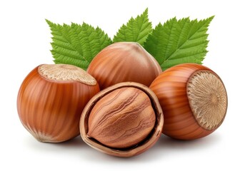 Three whole hazelnuts and one cracked open with green leaves food ingredient