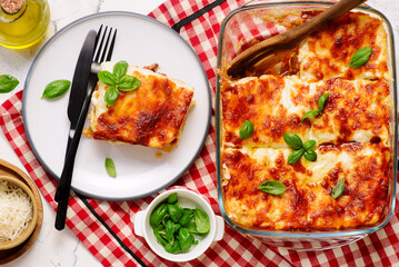 Traditional lasagna with minced meat and cheese.top veiw