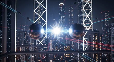 A futuristic cityscape featuring two metallic spheres emitting a bright spark, set against a backdrop of skyscrapers and glowing lights.