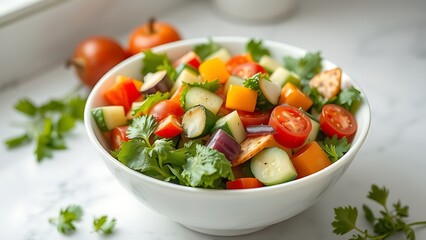 Fresh vegetable salad in a white bowl, captured from above with natural lighting and a clean kitchen backdrop.