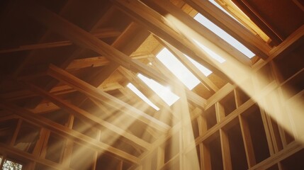 Golden Hour Construction Beams: A New Home's Radiant Dawn