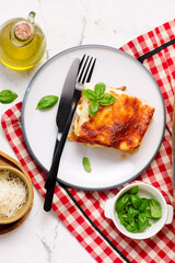 Traditional lasagna with minced meat and cheese.top veiw