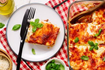 Traditional lasagna with minced meat and cheese.top veiw