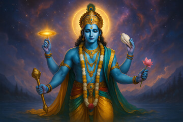 Lord vishnu standing with four arms, holding lotus, conch, chakra, mace, divine hindu god, cosmic background
