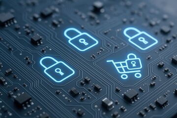 E-commerce Security Concept: Circuit Board with Padlocks and Shopping Cart Icons Representing Online Transaction Protection