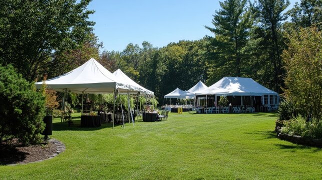 White party tents set up in a grassy park area.