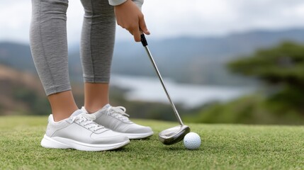 Foot positioning with a golf club angled towards the hole, ready to make a perfect putt on a grass field under cloudy skies