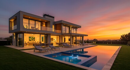 Scenic modern luxury home with a swimming pool, outdoor seating, and sunset sky in the background.